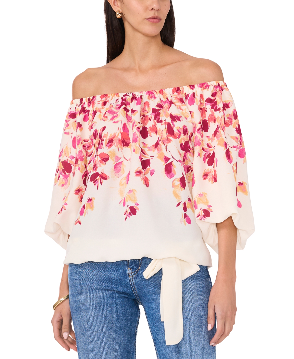 Sam & Jess Women's Off-The-Shoulder Floral Tie-Hem Top - Ivory Pink Floral