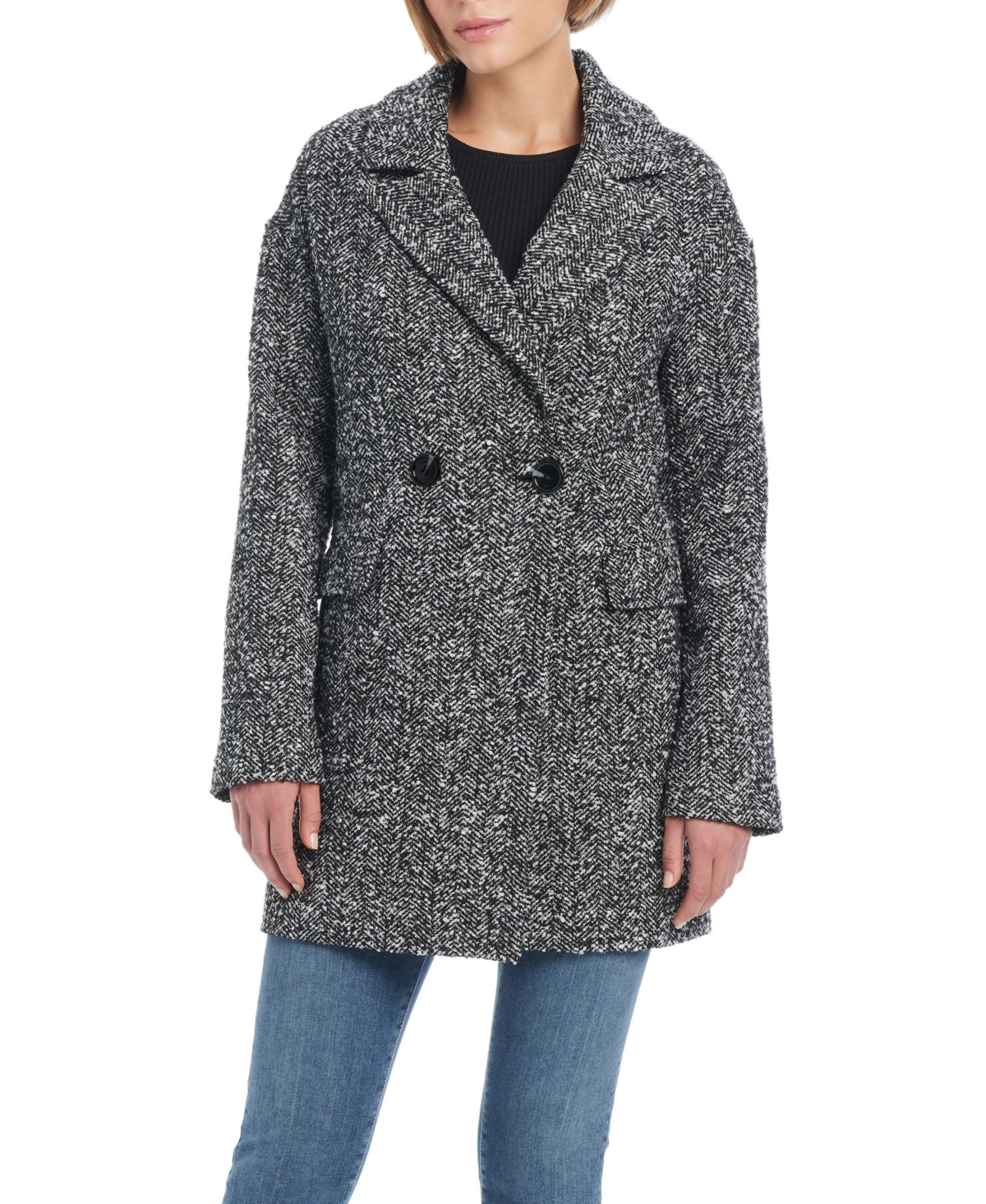 Sanctuary Women's Double-Breasted Novelty Herringbone Wool Coat - B w herringbone