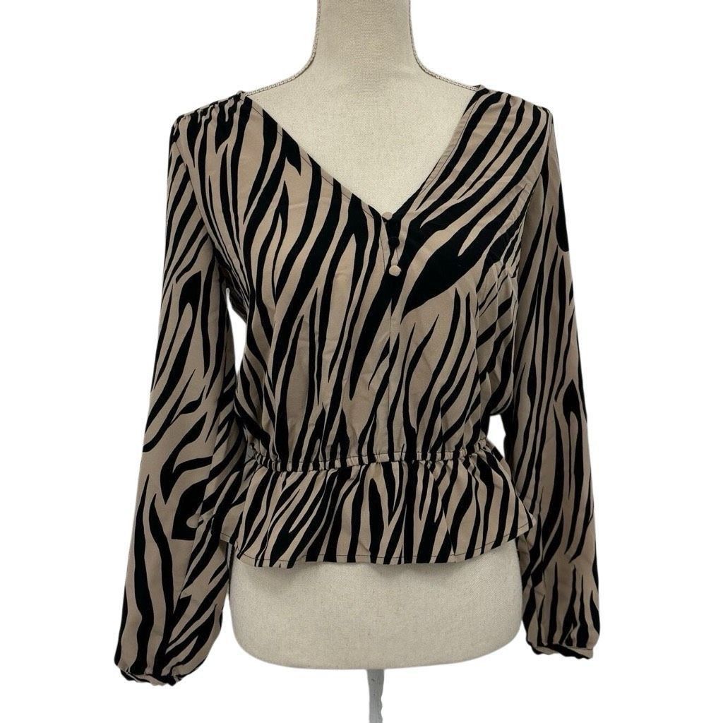 Sanctuary Zebra Print Peplum Top Women's Xs V Neck Blouse Y2 in Brown