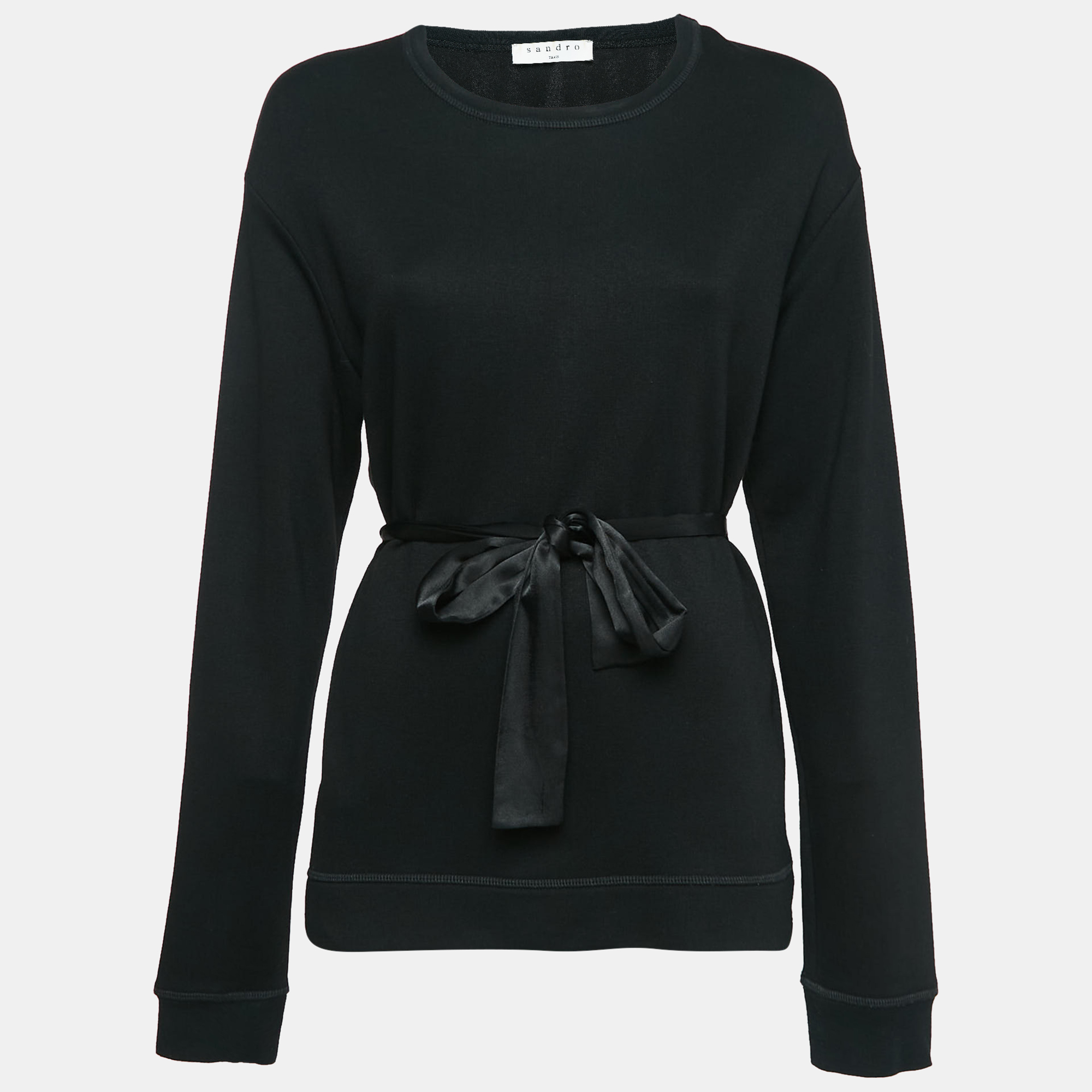 Sandro Black Jersey and Satin Tie-Up Waist Sweatshirt L