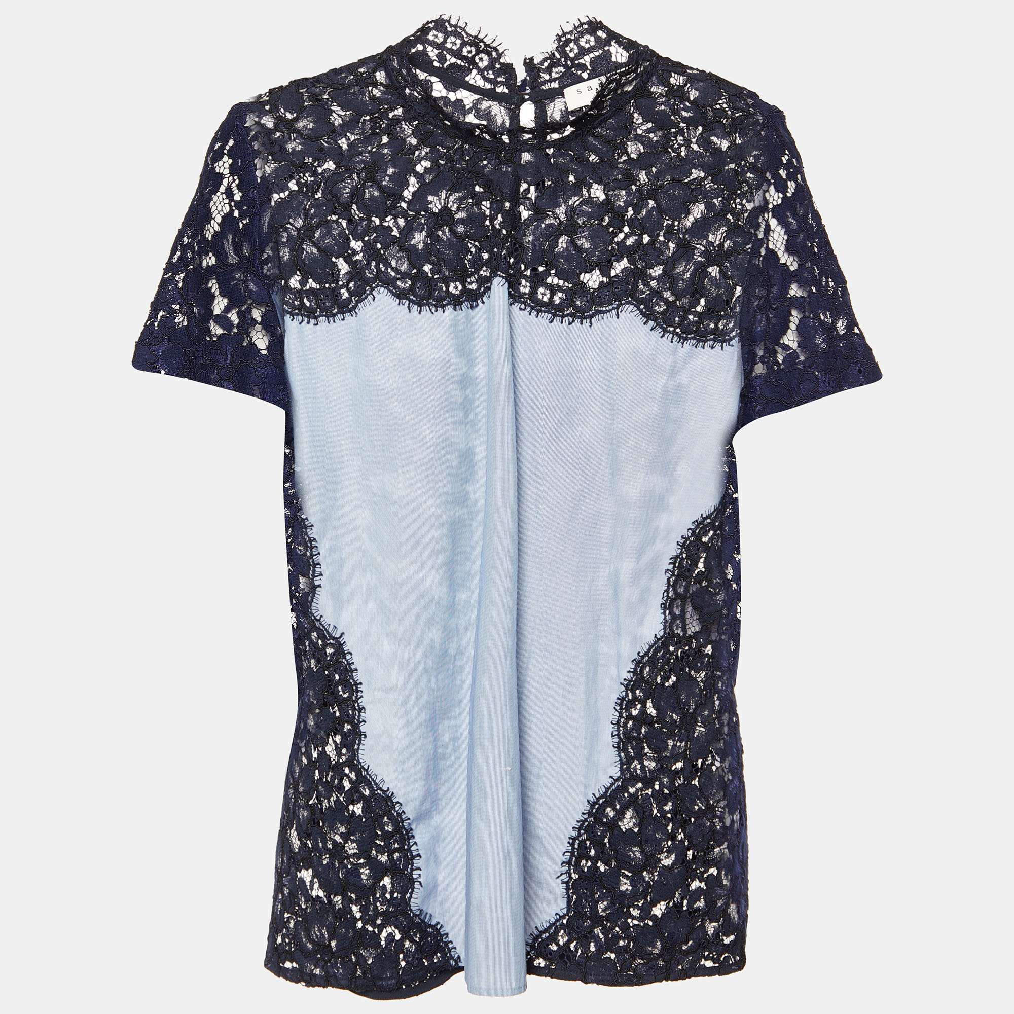 Sandro Blue Lace and Cotton High Neck Blouse M