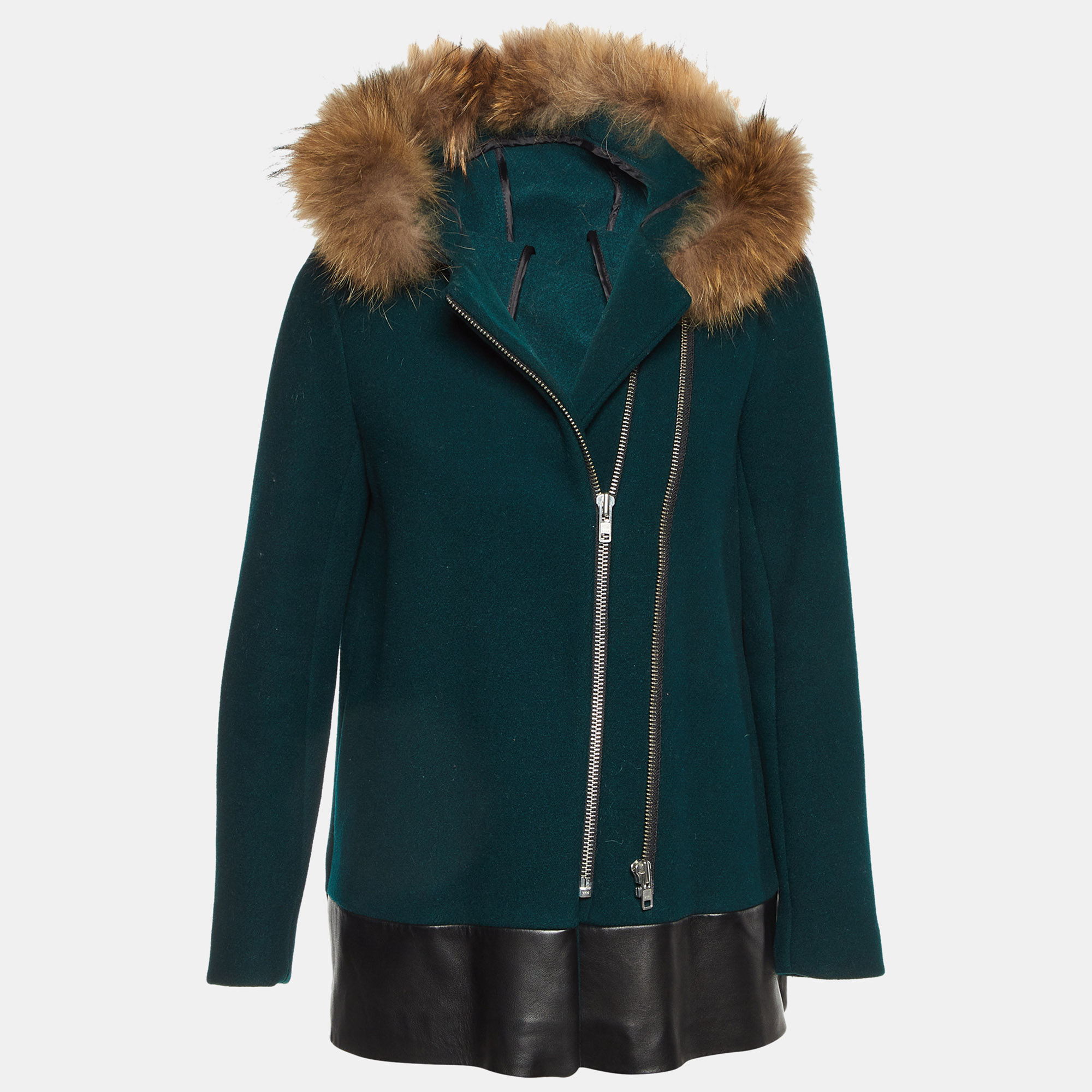 Sandro Green Wool Blend Detachable Fur Hooded Zip-Up Coat M