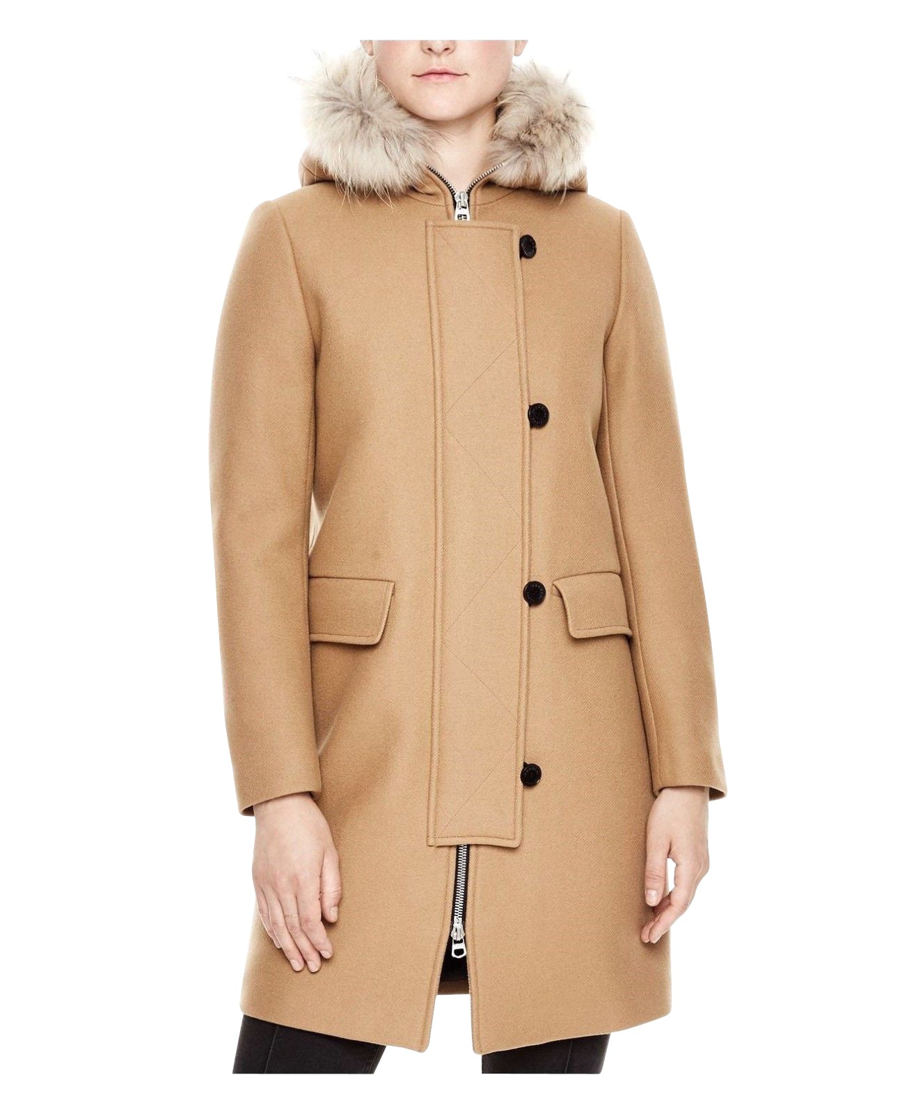 Sandro Women's Kurt Wool Coat with Fur Trim Hood 4 Buttons