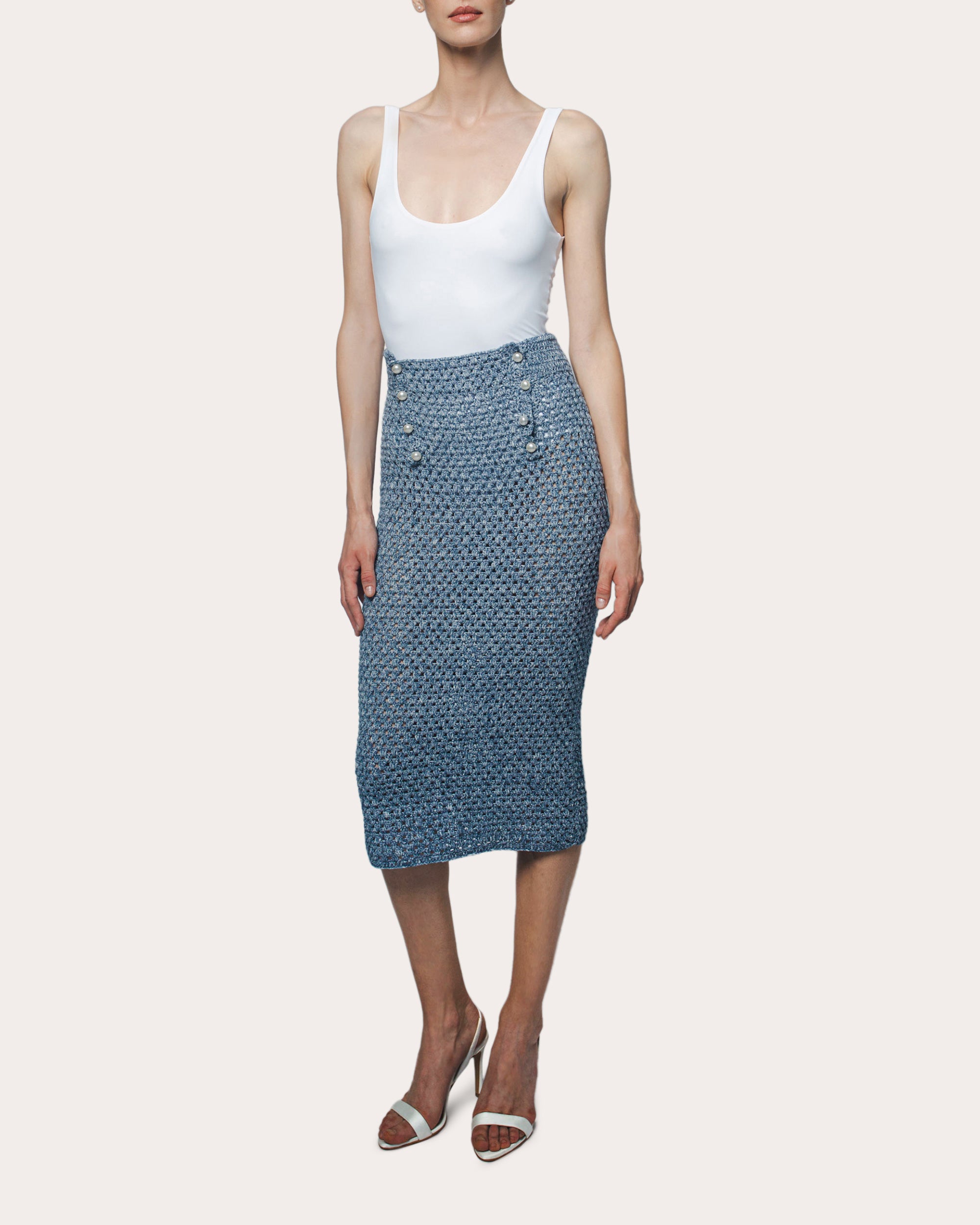 Santicler Women's Scarlett Pearl-Embellished Hand-Crocheted Midi Skirt in Blue Denim Cotton/Denim