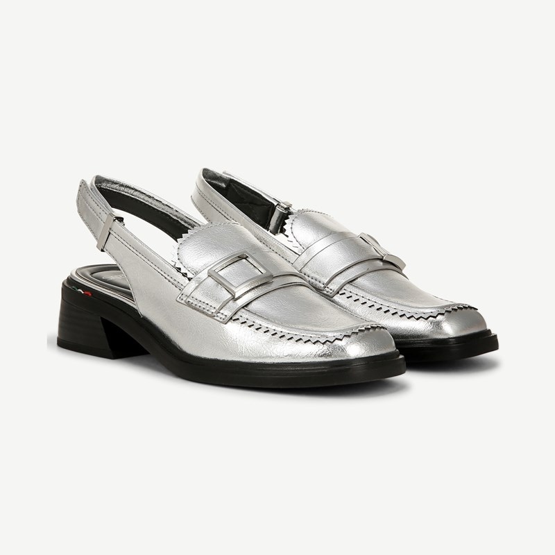 Sarto By Franco Sarto Sarto Gianna Slingback Loafer Heel Shoes (Silver Faux Leather) 10.0 M Square Toe, Buckle Closure