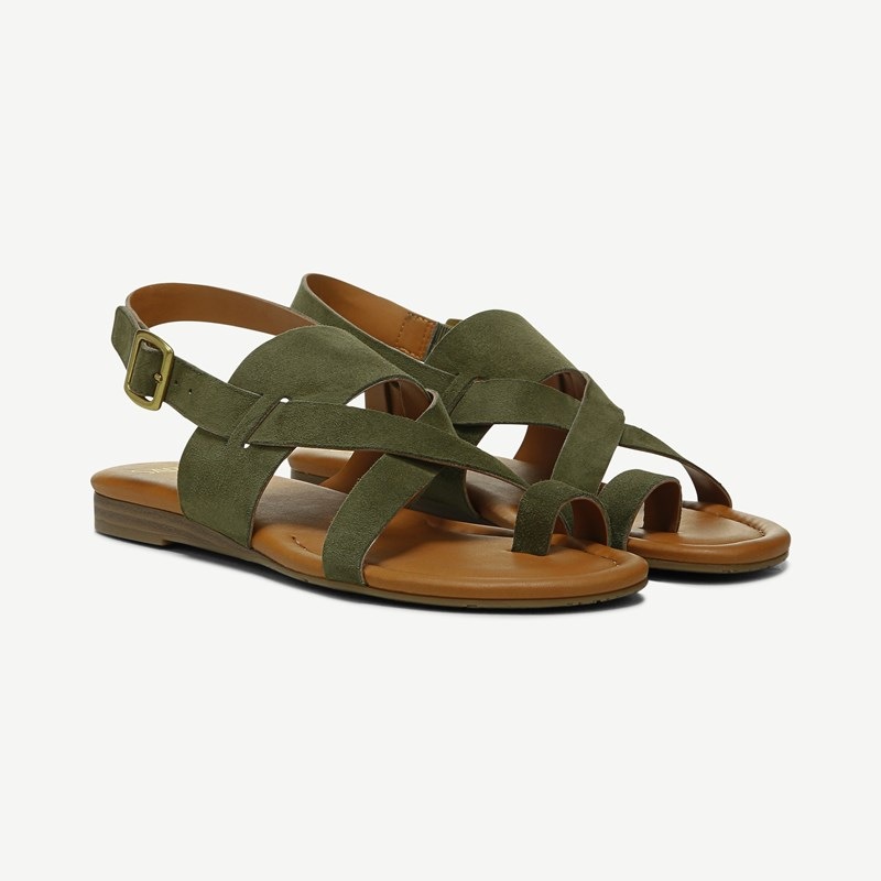 Sarto By Franco Sarto Shoes Sarto Gia Strappy Sandal (Olive Green Suede) 7.5 M Open Toe, Wedge Heels, Buckle Closure