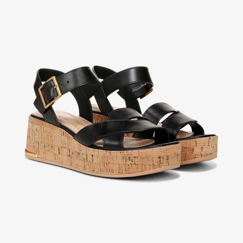 Sarto By Franco Sarto Shoes Sarto Tilly Cork Platform Sandal (Black Leather) 9.0 M Open Toe, Buckle Closure