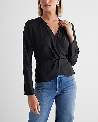 Satin Draped Faux Wrap Peplum Top