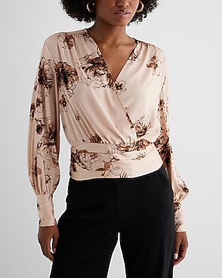 Satin Floral V-Neck Faux Wrap Pleated Waist Top