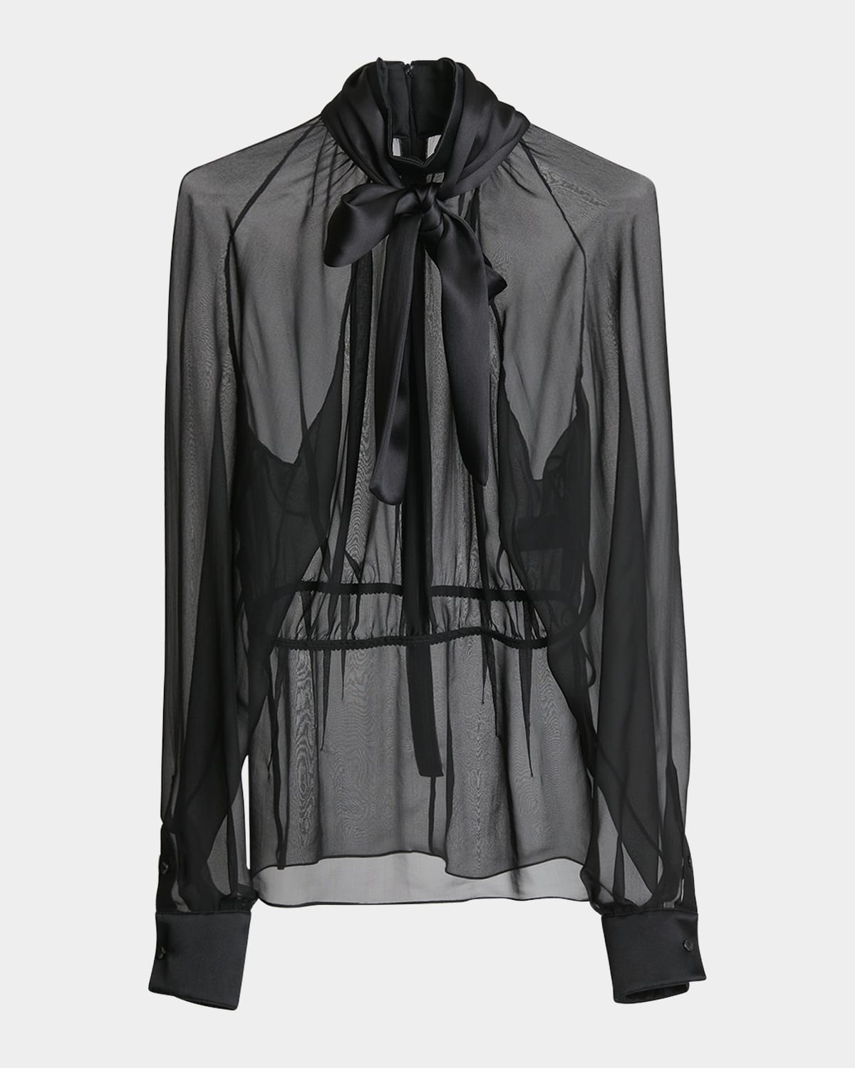 Satin Neck-Bow Long-Sleeve Chiffon Top