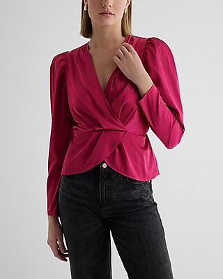 Satin Puff Shoulder Draped Faux Wrap Peplum Top