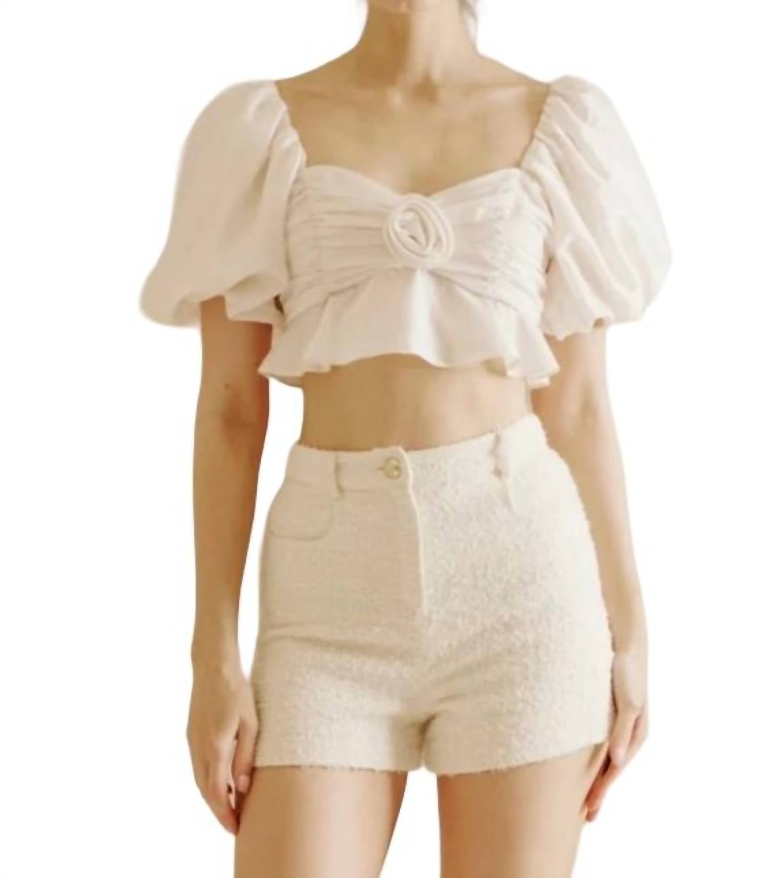 Satin Sheen Rose Crop Top In Ivory