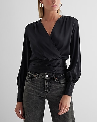 Satin V-Neck Balloon Sleeve Faux Wrap Top Black Women's S