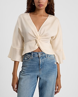 Satin V-Neck Flutter Sleeve Twist Front Crop Top