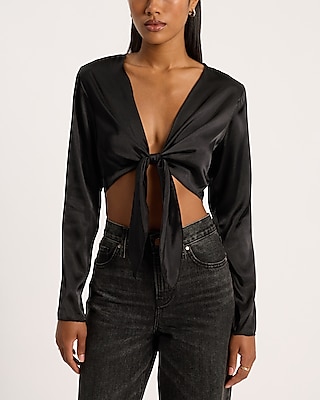 Satin V-Neck Long Sleeve Tie Front Crop Top