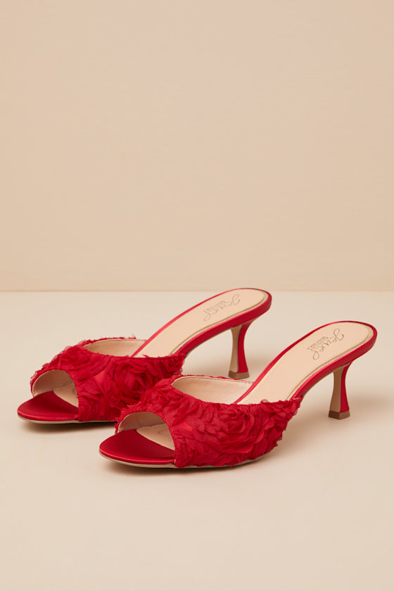 Scarlet Red Satin Kitten Heel Slide Sandals