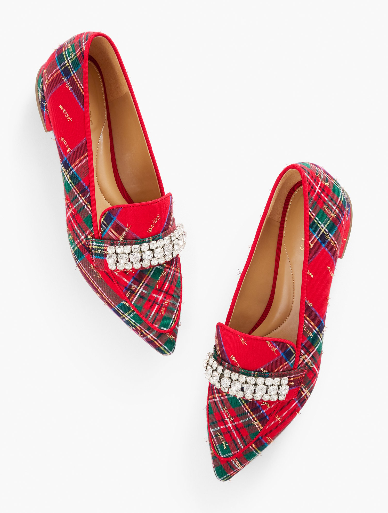 Scarlet Rhinestone Pointed Toe Loafers - Solstice Plaid - Red - 5M - 100% Cotton Talbots