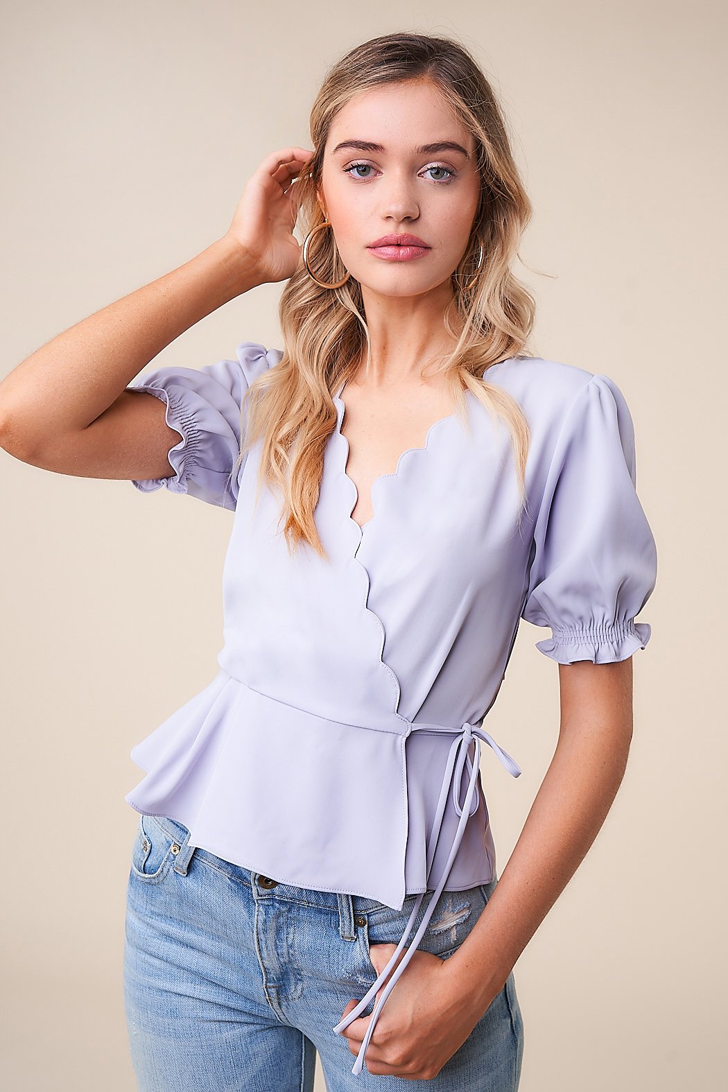 Scenic Skies Scallop Trim Wrap Top