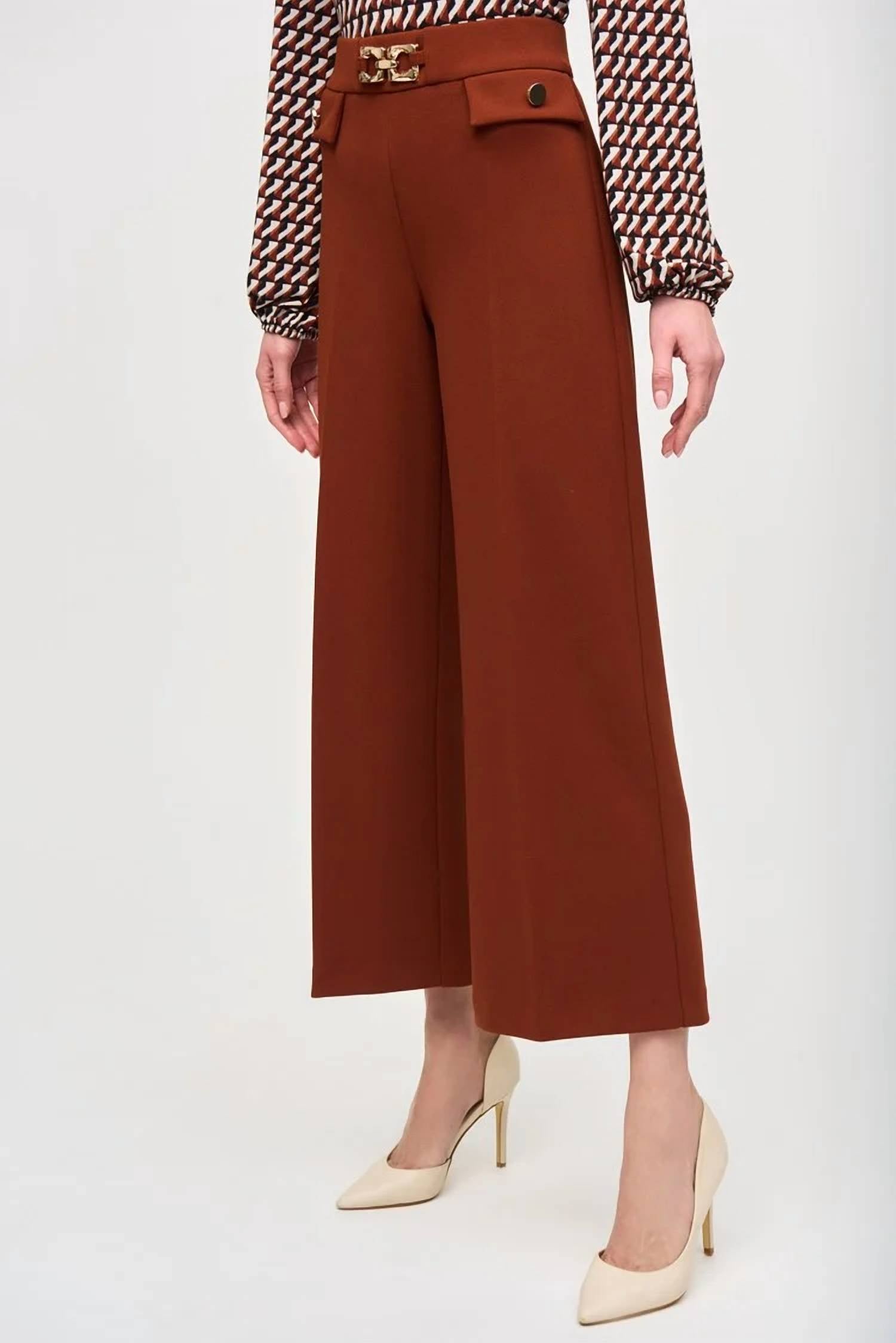 Scuba Crepe Wide-Leg Pull-On Cropped Pants In Cinnamon