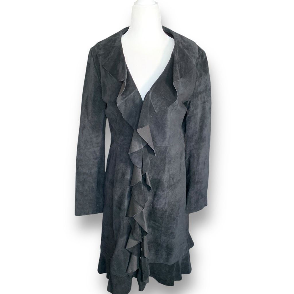 Scully Leather Scully Jacket Black Suede Leather Ruffle Front Duster Coat S, Women's (Size Small)