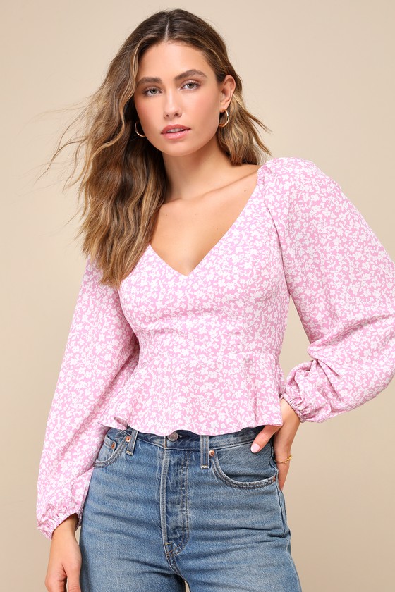 Seasonal Blossom Pink Floral Lace-Up Puff Sleeve Peplum Top