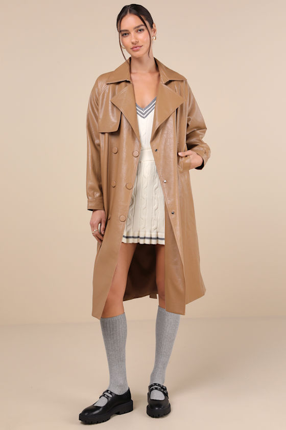 Seasonally Posh Tan Vegan Leather Trench Coat