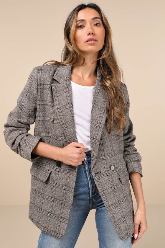 Seasoned Chicness Brown Plaid Tweed Oversized Blazer