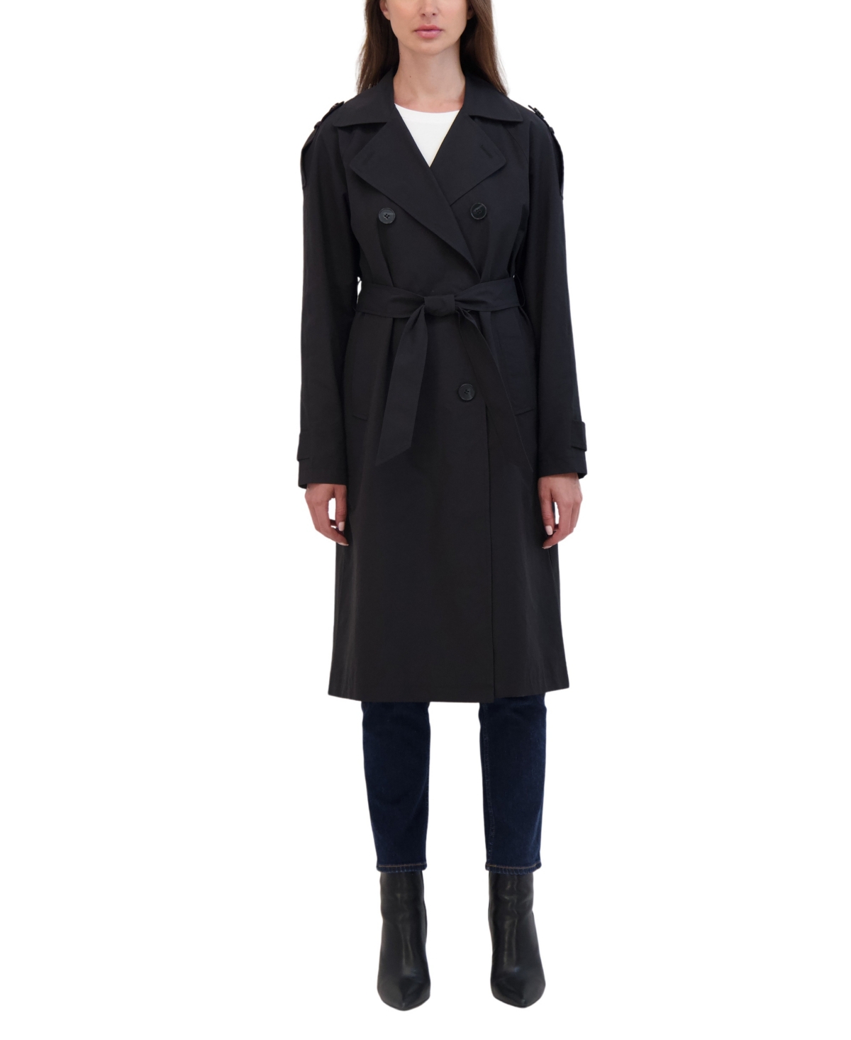 Sebby Collection Women's Belted Double Breasted Long Trench Coat - Black