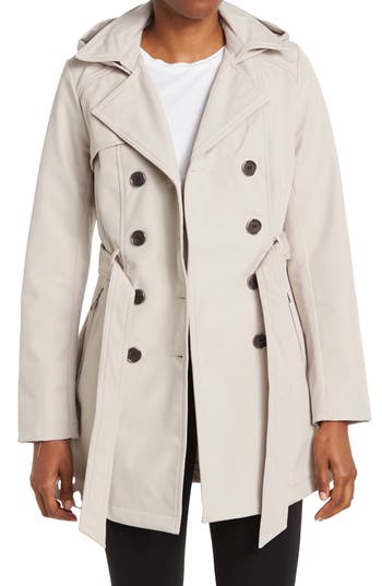 Sebby Water-Resistant Hooded Double-Breasted Trench Coat in Stone at Nordstrom Rack, Size Medium