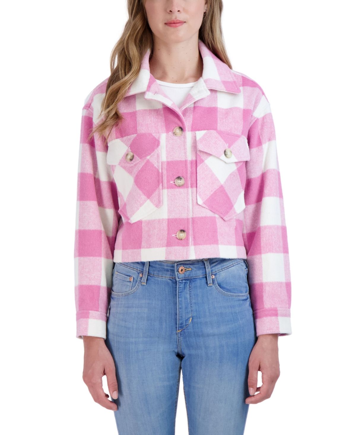 Sebby Women's Cropped Buffalo Plaid Shacket - Pink White