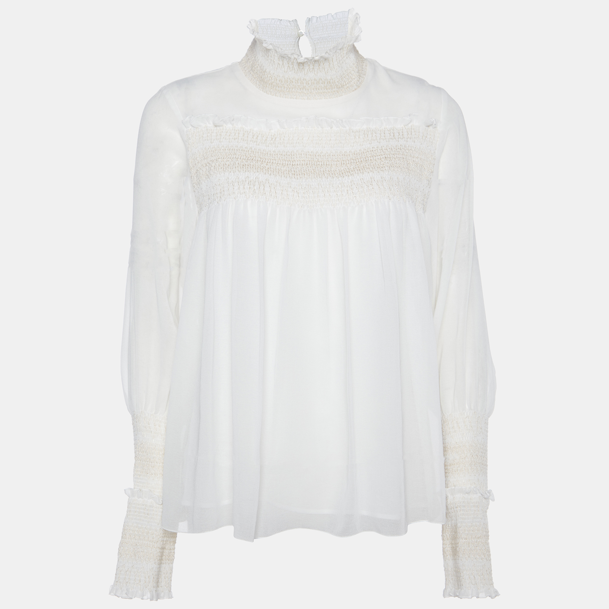 See by Chloe Natural White Sheer Crepe Smocked Blouse S