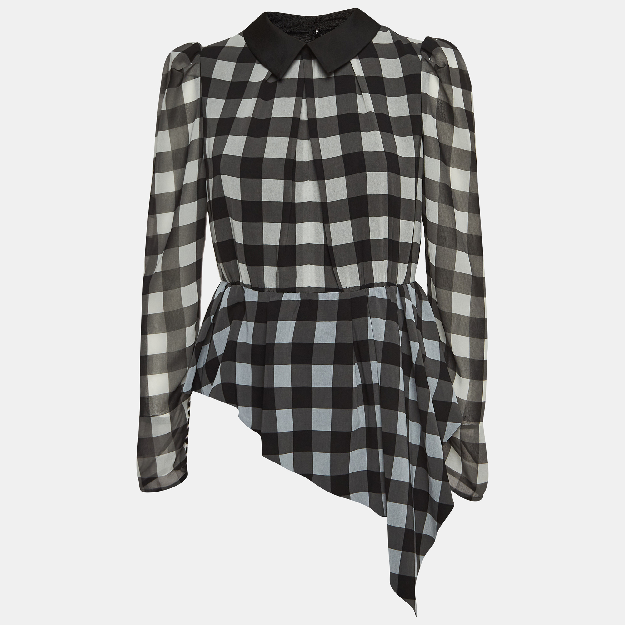 Self-Portrait Black Checkered Crepe Peplum Top S