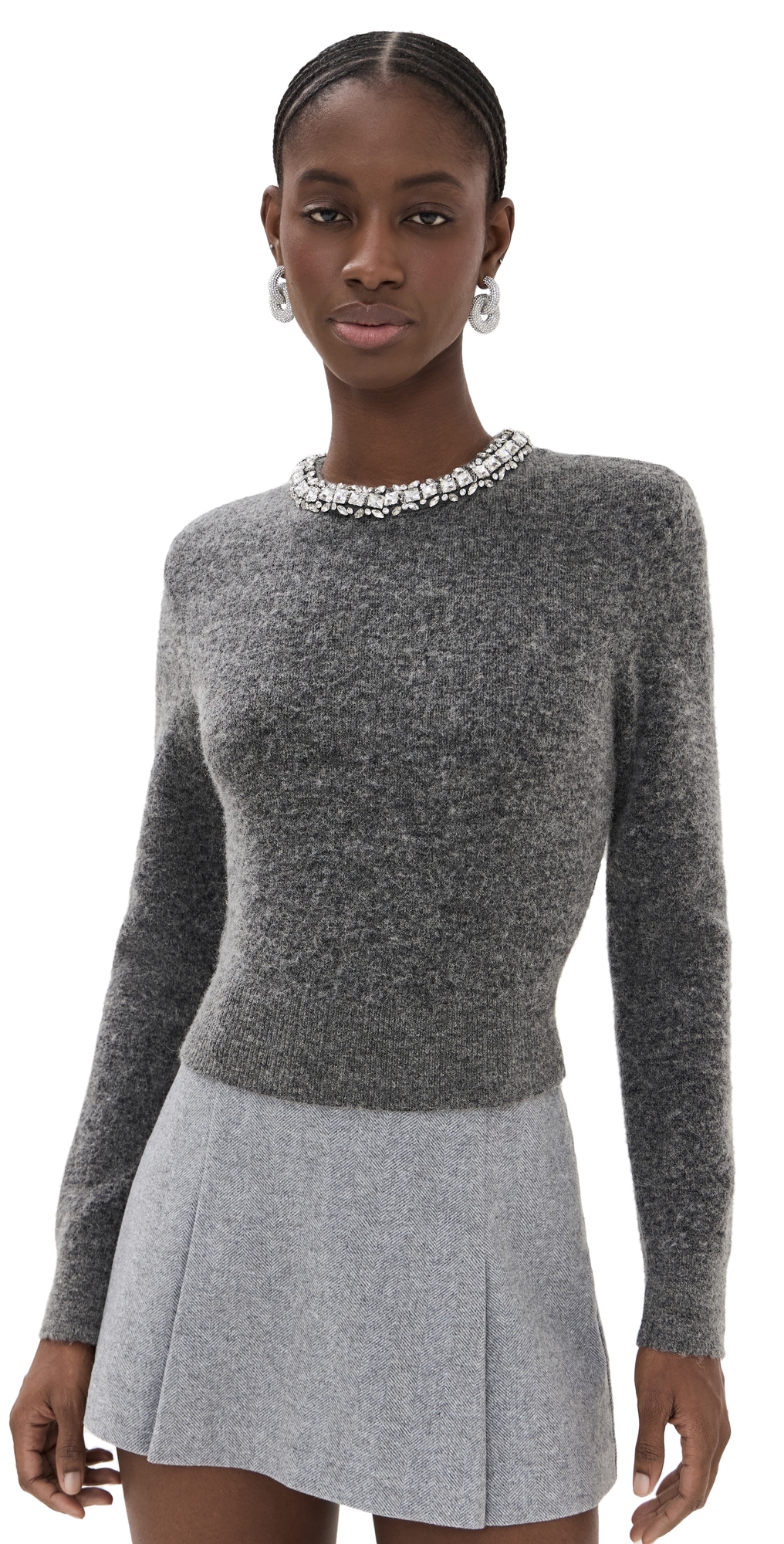 Self Portrait Charcoal Embellished Knit Top Grey M