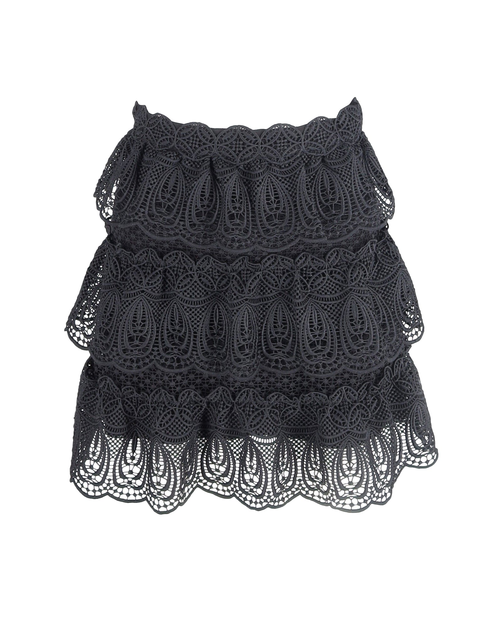 Self-Portrait Crochet A-Line Tiered Skirt in Black Polyester