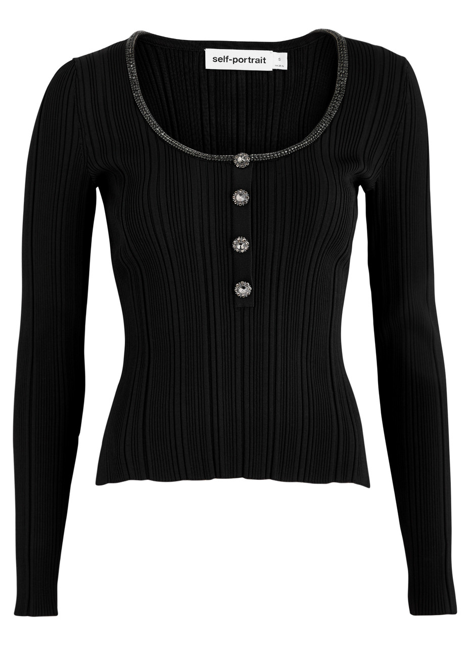 Self-portrait Crystal-embellished Ribbed-knit top - Black - XS (UK6 / XS)