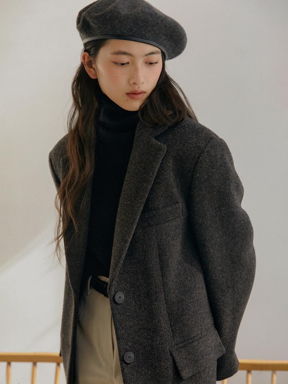 Semi-overfit Double-woven Wool Blazer Coat [Charcoal Brown]