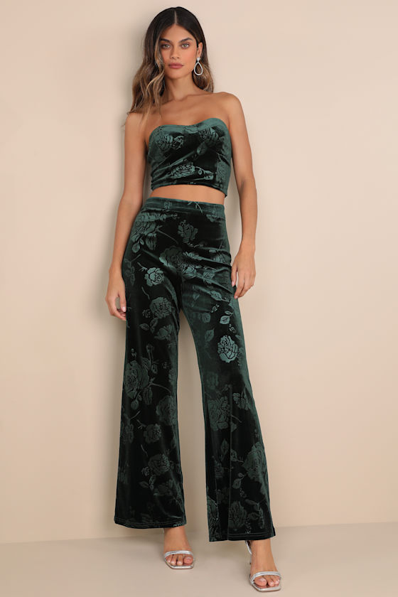 Sensational Attitude Emerald Green Burnout Velvet Wide-Leg Pants