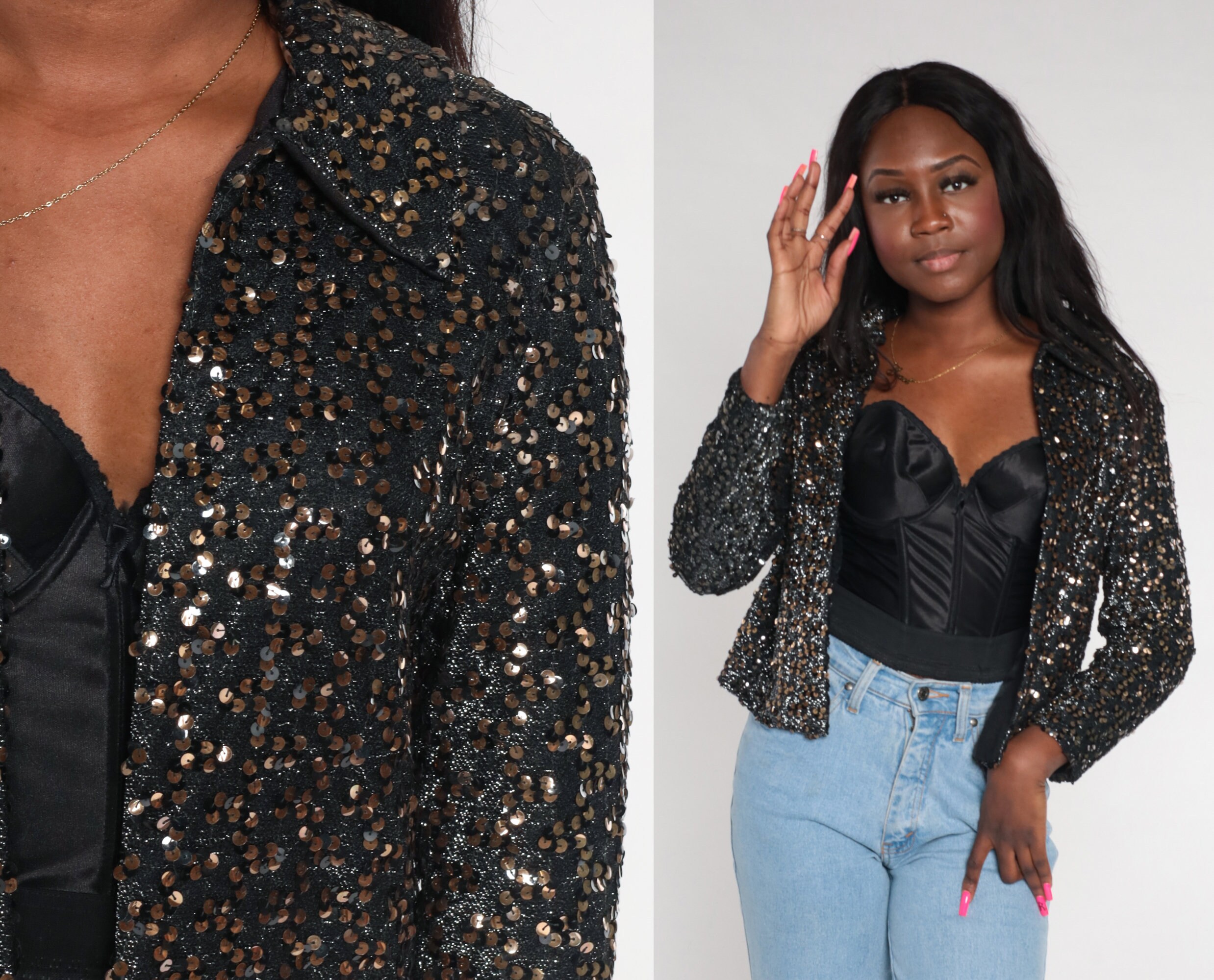 Sequin Jacket 80S Black Bronze Sparkly Blazer Open Front Metallic Party Formal Disco Glam Sequined Collared Vintage 1980S Small S