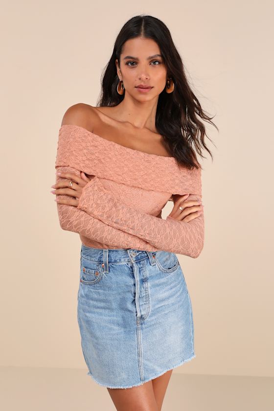 Serene Date Terracotta Lace Off-the-Shoulder Long Sleeve Top