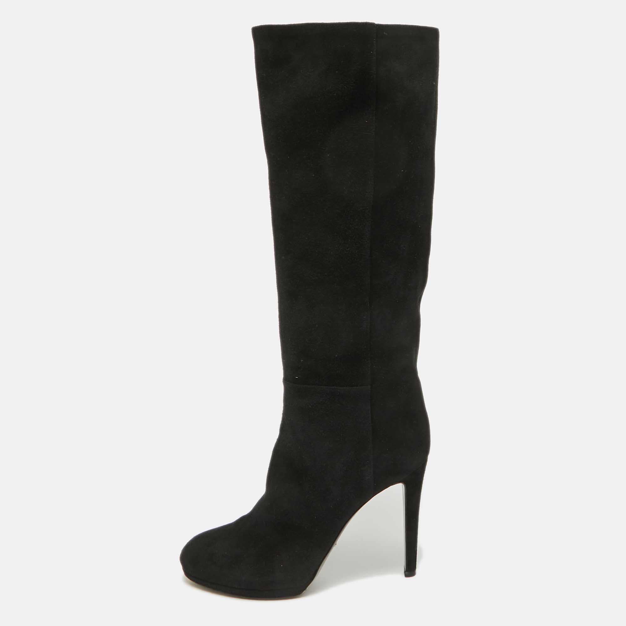 Sergio Rossi Black Suede Platform Knee Length Boots Size 38