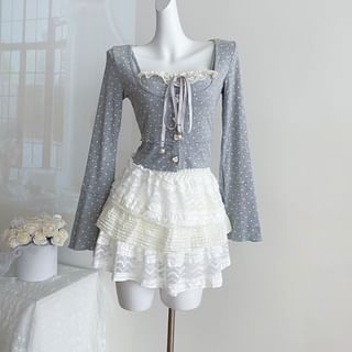 Set: Flared-Sleeve Bear Print Light Jacket + Lace Trim Camisole Top + High Rise Patterned Ruffle Mini A-Line Skirt