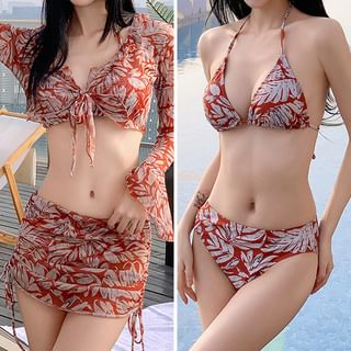 Set: Halter Patterned Print Bikini + V-Neck Ruffle Cover Up Jacket + Drawstring Cover Up Skirt