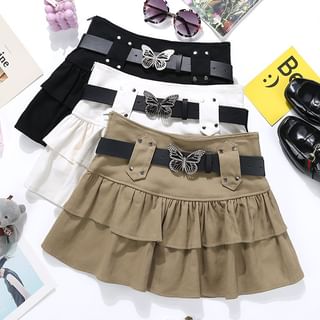 Set: High Waist Plain Mini Tiered Skirt + Belt