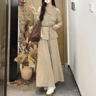 Set: Long-Sleeve Asymmetrical Knit Top + High Rise Maxi A-Line Skirt + Belt