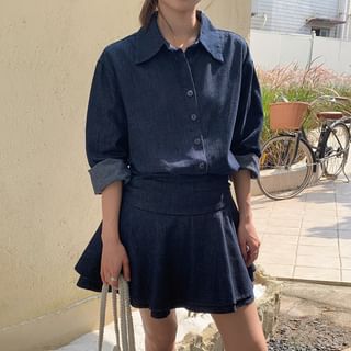 Set: Long-Sleeve Button-Up Denim Shirt + High Waist Layered Mini A-Line Skirt