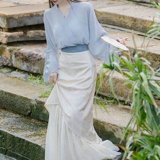 Set: Long Sleeve V-Neck Plain Wrap Top + High Rise Panel Maxi A-Line Skirt