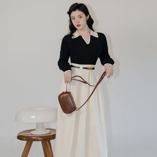 Set: Long-Sleeve V-Neck Two Tone Knit Polo Top + High Waist Plain Pleated Maxi A-Line Skirt + Belt