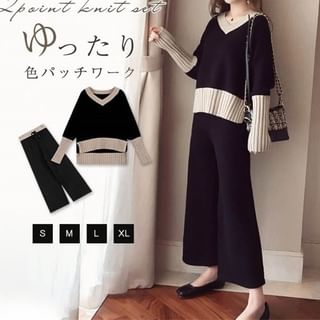 Set: Long-Sleeve V-Neck Two Tone Knit Top + High Waist Wide Leg Pants