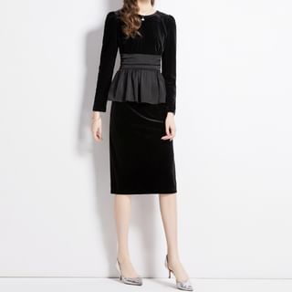 Set: Long-Sleeve Velvet Peplum Top + High Rise Midi Skirt