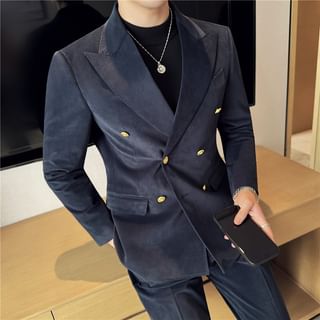 Set: Peak Lapel Plain Double-Breasted Blazer + High Waist Cropped Tapered Pants